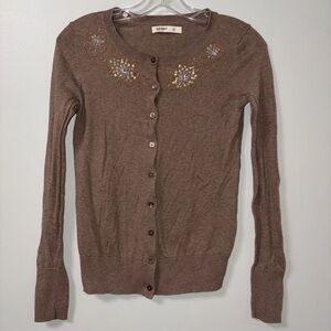 Old Navy Brown Embellished Sequin Knit Button Up Cardigan Skinny Fit XS
